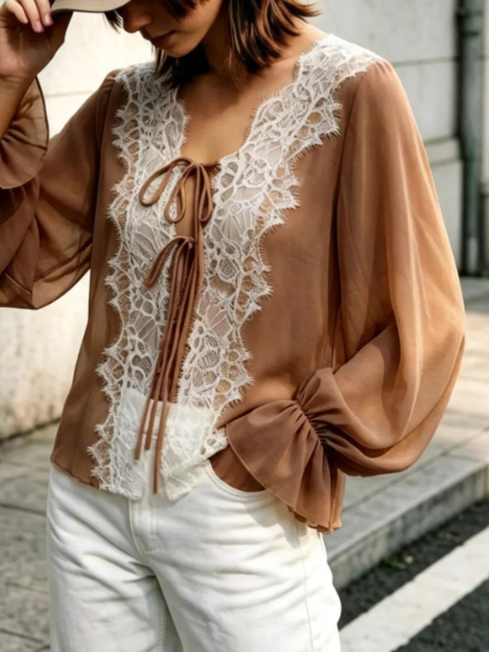 Sheer Lace-trimmed Front Tie Blouse in Khaki, view 12