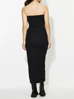 Side Stripe Strapless Maxi Dress in Black, fabric detail