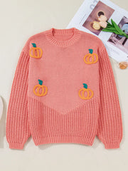 Embroidered pumpkin sweater in burnt coral with a crew neck and ribbed details.