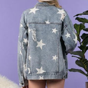 Light denim trucker jacket with white stars and distressed details