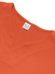 Orange men's t-shirt with notched V-neck and visible size tag.