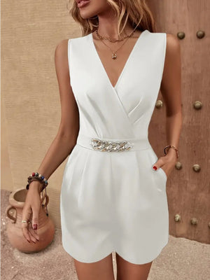 White wrap-front playsuit with chain belt detail and V-neckline