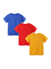 Three kids' crew neck cotton t-shirts in blue, red, and yellow.