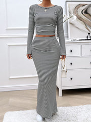 Black and white striped ribbed crop top and maxi skirt set with long sleeves and boatneck.