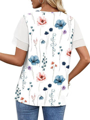 Layered ruffled short sleeve t-shirt with a white floral print and sheer sleeves.