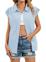 Plaid Button Up Cap Sleeve Shirt in Blue, fit detail