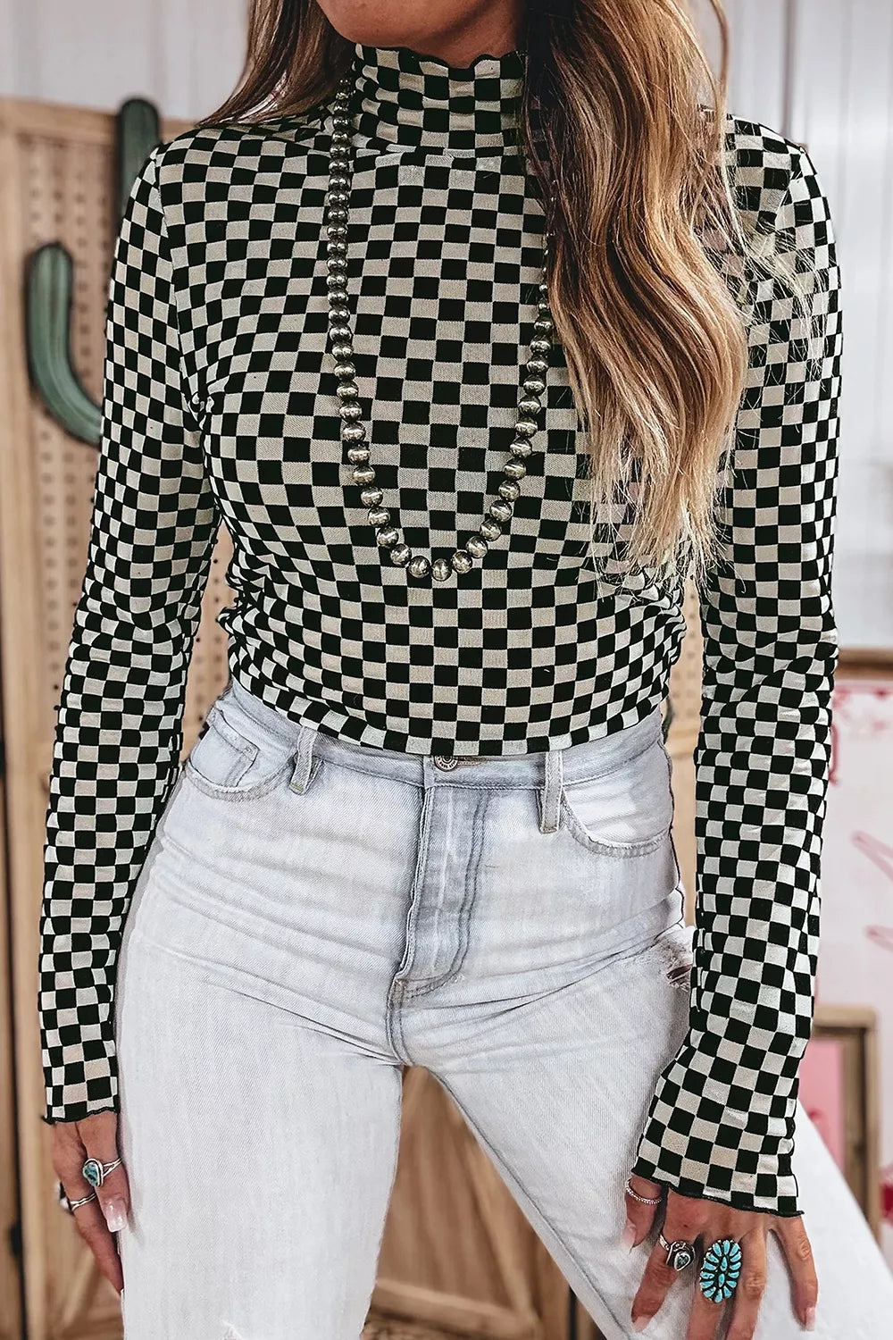 Plaid Stand Neck Long Sleeve Mesh Top, close-up detail