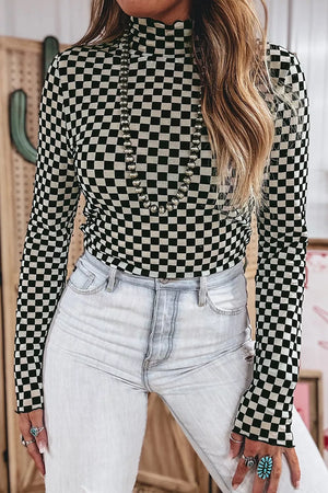 Plaid Stand Neck Long Sleeve Mesh Top, close-up detail