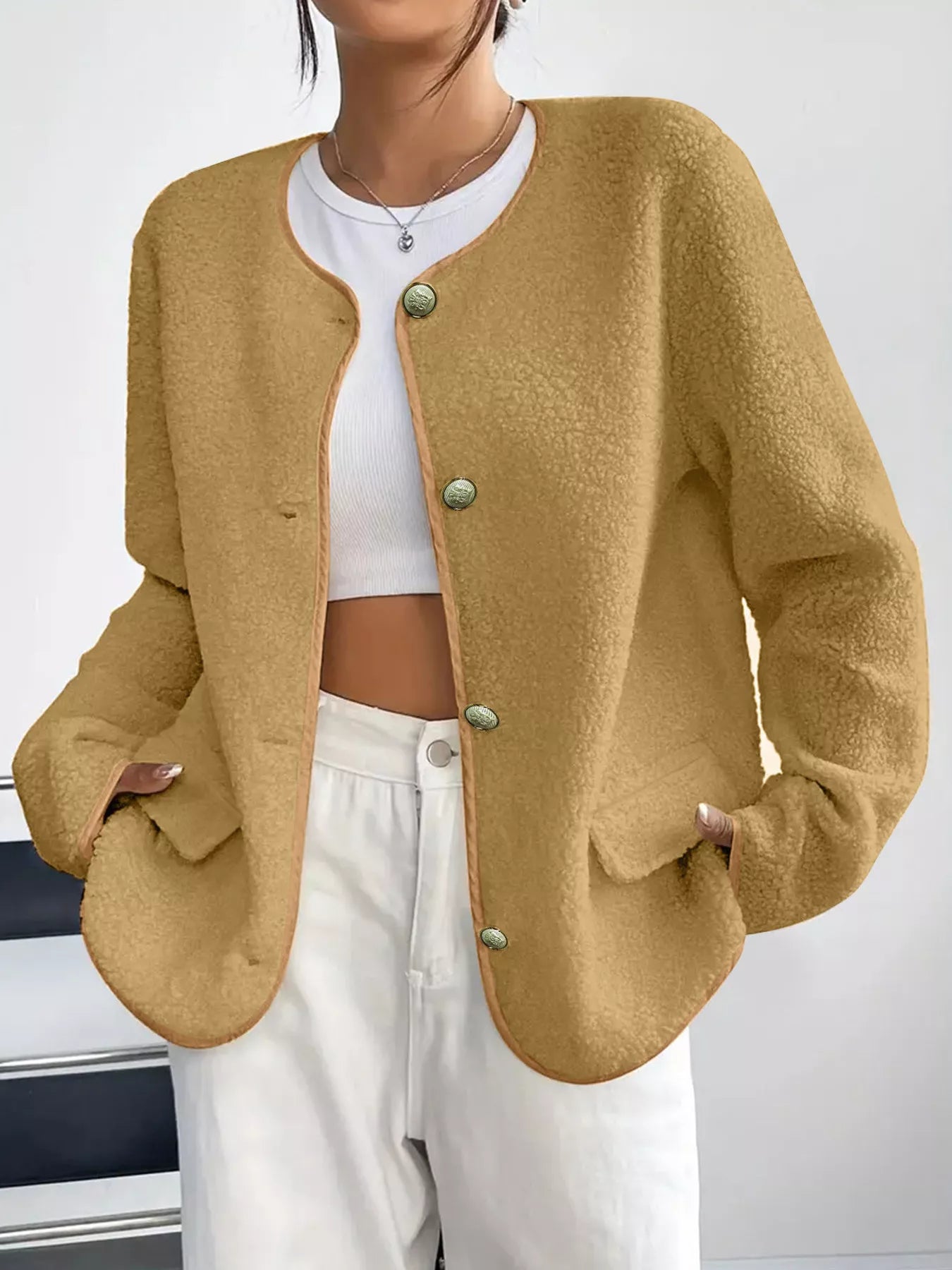 Khaki textured button-up fleece jacket with round neckline and pocket details
