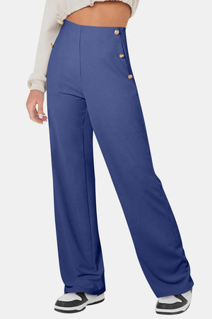 Dusty Blue wide leg trousers with button detail and gold buttons