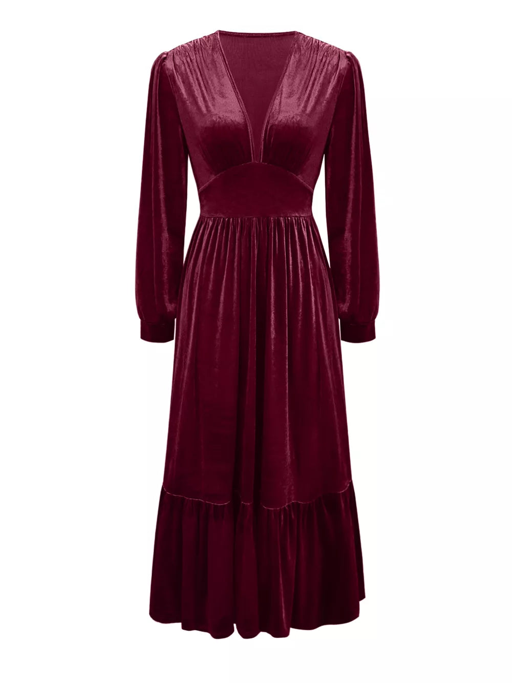 Elegant cerise velvet maxi dress with voluminous sleeves and ruffled hem