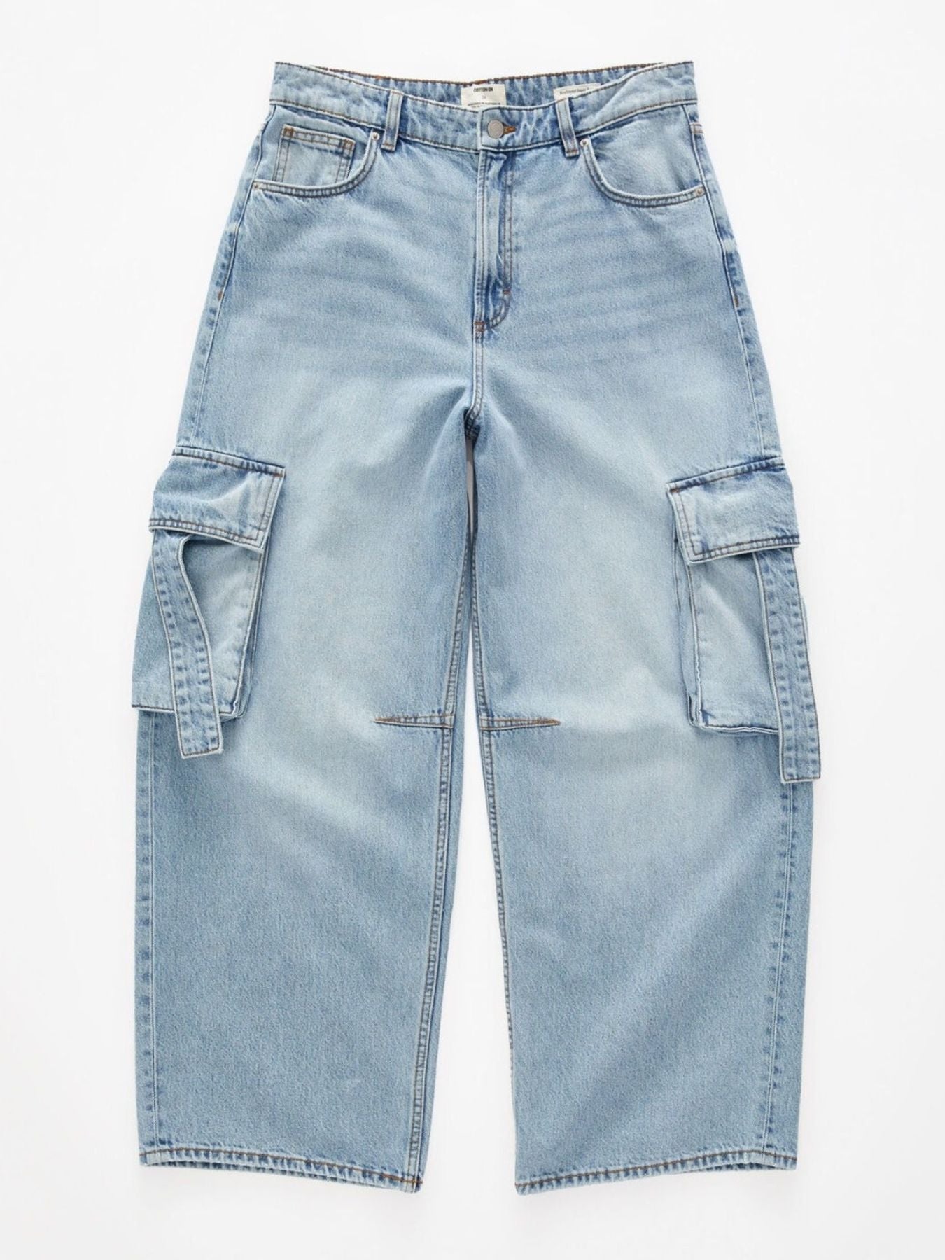 Light blue relaxed fit maternity cargo jeans with vintage wash and ankle length.
