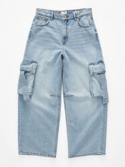 Light blue relaxed fit maternity cargo jeans with vintage wash and ankle length.