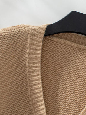 Camel chunky knit open-front cardigan with ribbed trim detail.