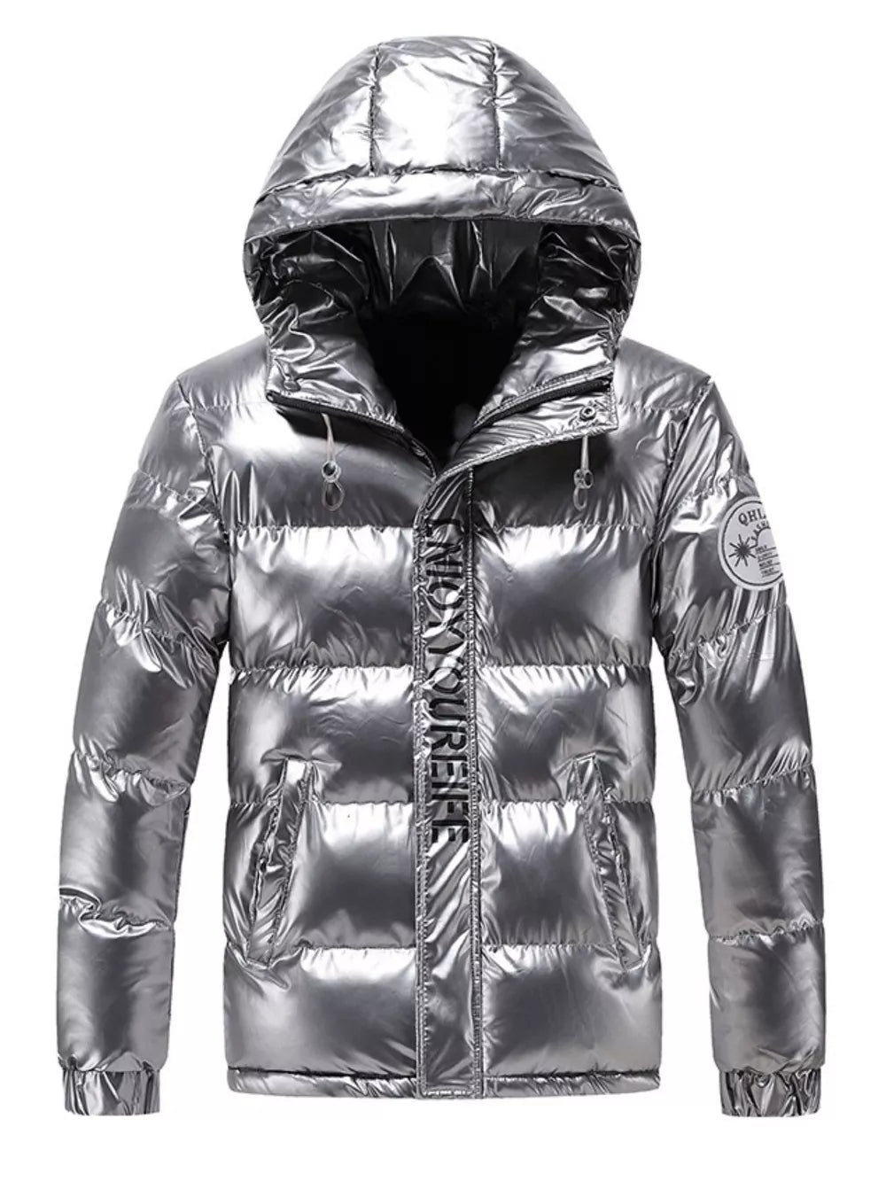 Silver metallic puffer jacket with hood and chest logo detail.
