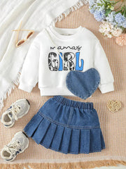 Children's Letter Long Sleeve Top And Denim Skirt Set in White, front view