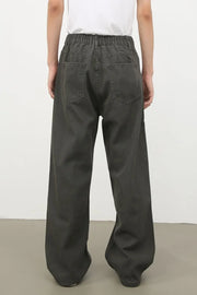Dark Gray wide-leg denim jeans with elasticated waistband and back pockets.