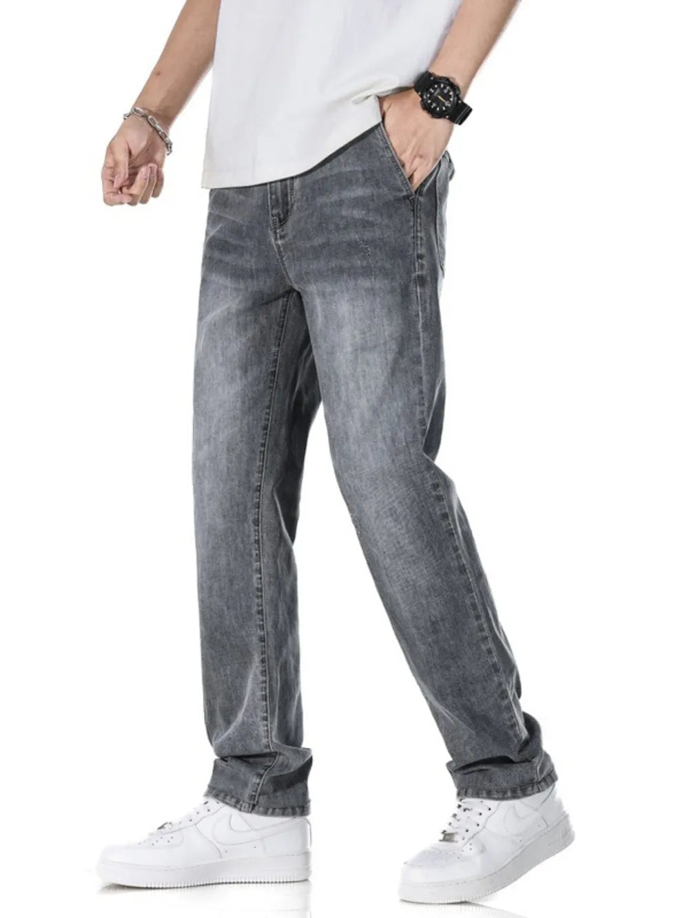 Men's Classic Straight Fit Washed Jeans in Light Blue, front view