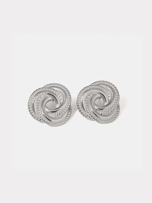 Silver swirl knot stud earrings with textured rope edge detail