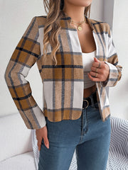 Collarless plaid cropped jacket in camel, white, and black, with a relaxed fit.