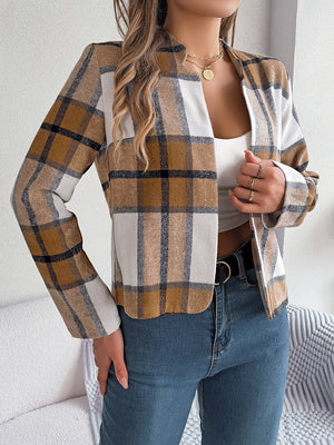 Collarless plaid cropped jacket in camel, white, and black, with a relaxed fit.