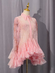 Pink floral lace dress with buttoned collar and ruffled hem.