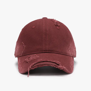 Distressed burgundy baseball cap with frayed details on the brim and crown.