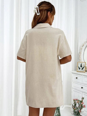 Linen shirt and shorts co-ord set in tan, featuring a button-down shirt with short sleeves and a relaxed fit.