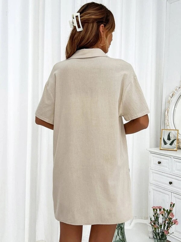 Linen shirt and shorts co-ord set in tan, featuring a button-down shirt with short sleeves and a relaxed fit.