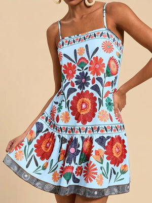 Light blue floral print mini dress with square neckline and tiered hem