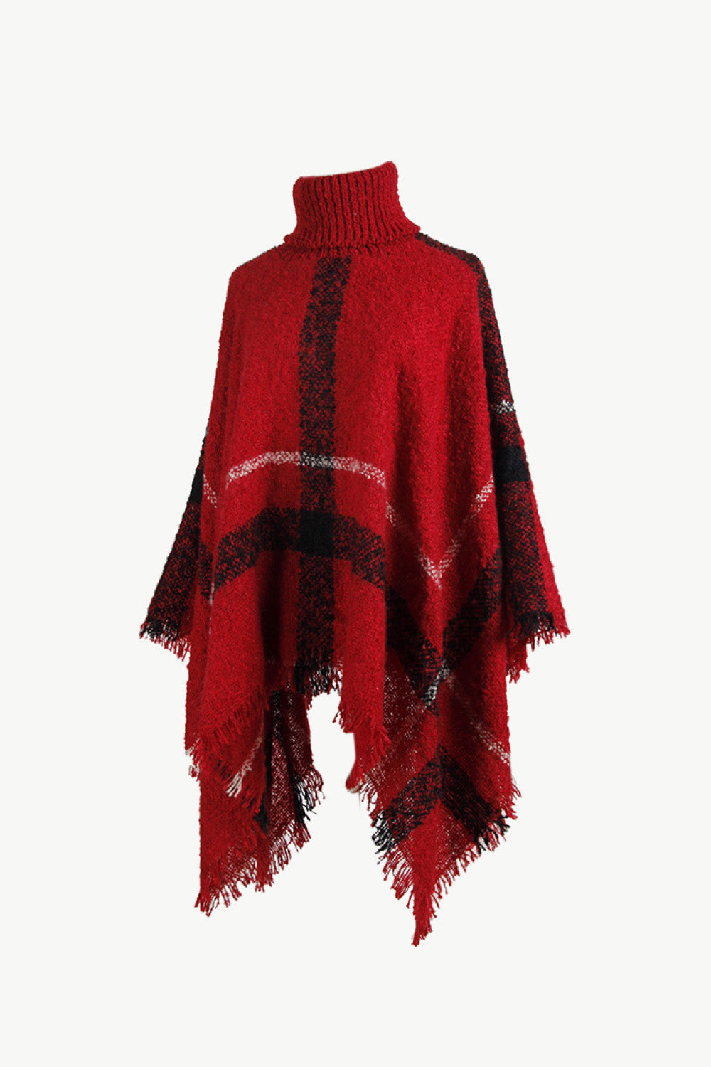 Deep Red plaid turtleneck cape with fringe detail, acrylic knit.