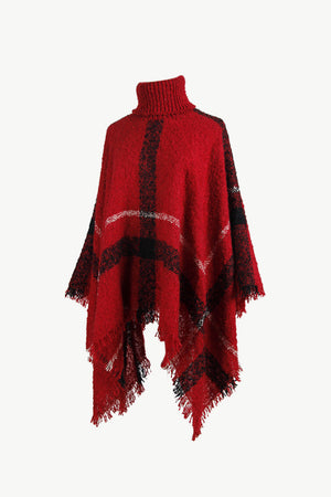 Deep Red plaid turtleneck cape with fringe detail, acrylic knit.