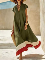 Chic V-neck Maxi Dress With Color-blocked Hem