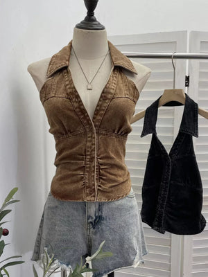 Gathered denim halter top with collar in khaki, button-down front, v-neck.