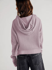 Lavender waffle knit cropped hoodie with a hood and long sleeves.