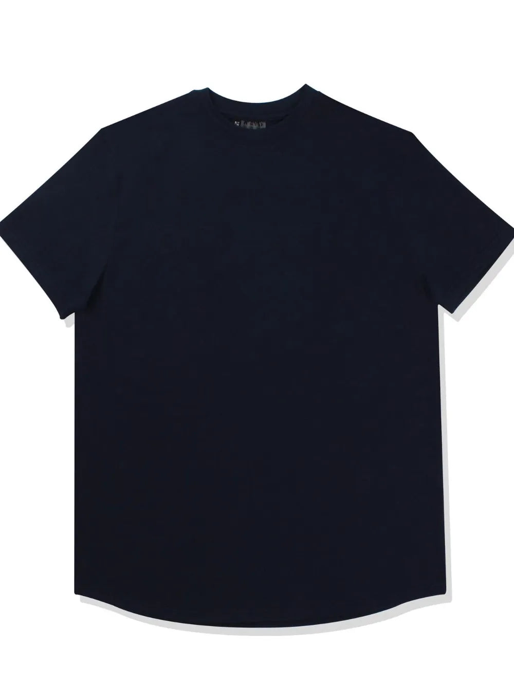 Navy performance t-shirt with crew neck, short sleeves, and sculpted hemline