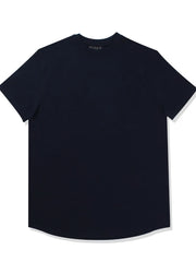 Navy performance t-shirt with crew neck, short sleeves, and sculpted hemline