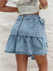 Ruffled Hem High Waist Bow Tie Denim Skirt, model styling view