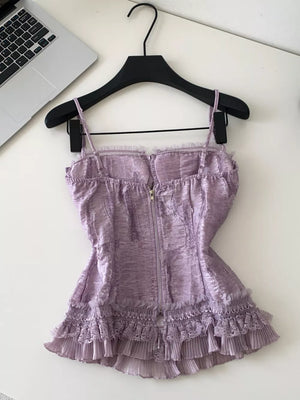Purple lace ruffle hem tank top with front zipper and textured fabric.