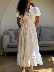 Frilled V-neck Tie-waist Maxi Dress