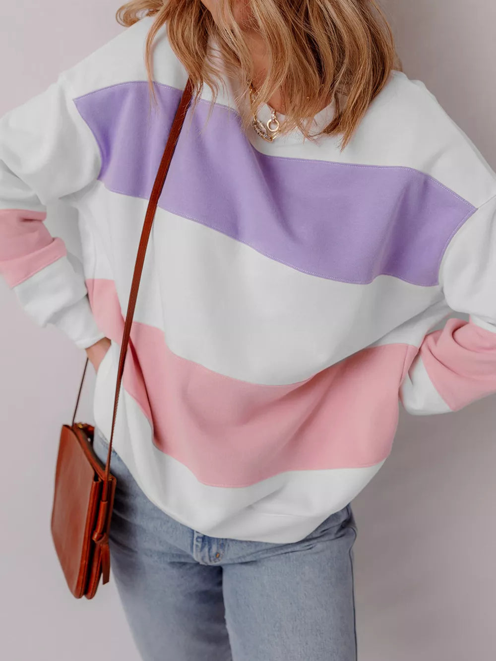 Colorblock Patchwork Drop Shoulder Sweatshirt in Multicolor, close-up detail