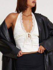 White lace trim halter tie top with plunging neckline