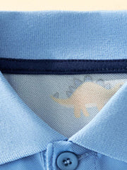 Light blue toddler polo shirt with a subtle dinosaur print inside the collar.