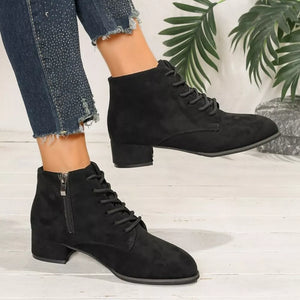 Black suede lace-up ankle boots with block heel and side zipper detail.