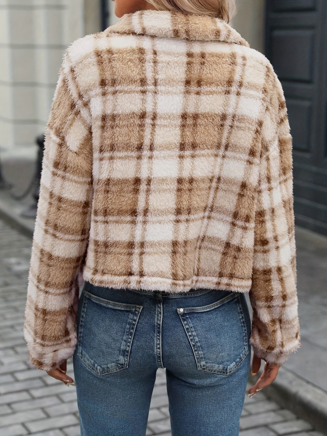 Camel plaid teddy cropped jacket with button front and collar.