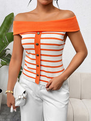 Off-shoulder knit top with orange and white stripes, button-down front, and orange trim.