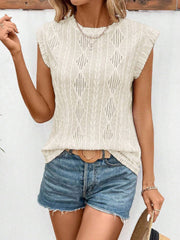 Beige diamond knit sleeveless blouse with flutter sleeves and crew neck.