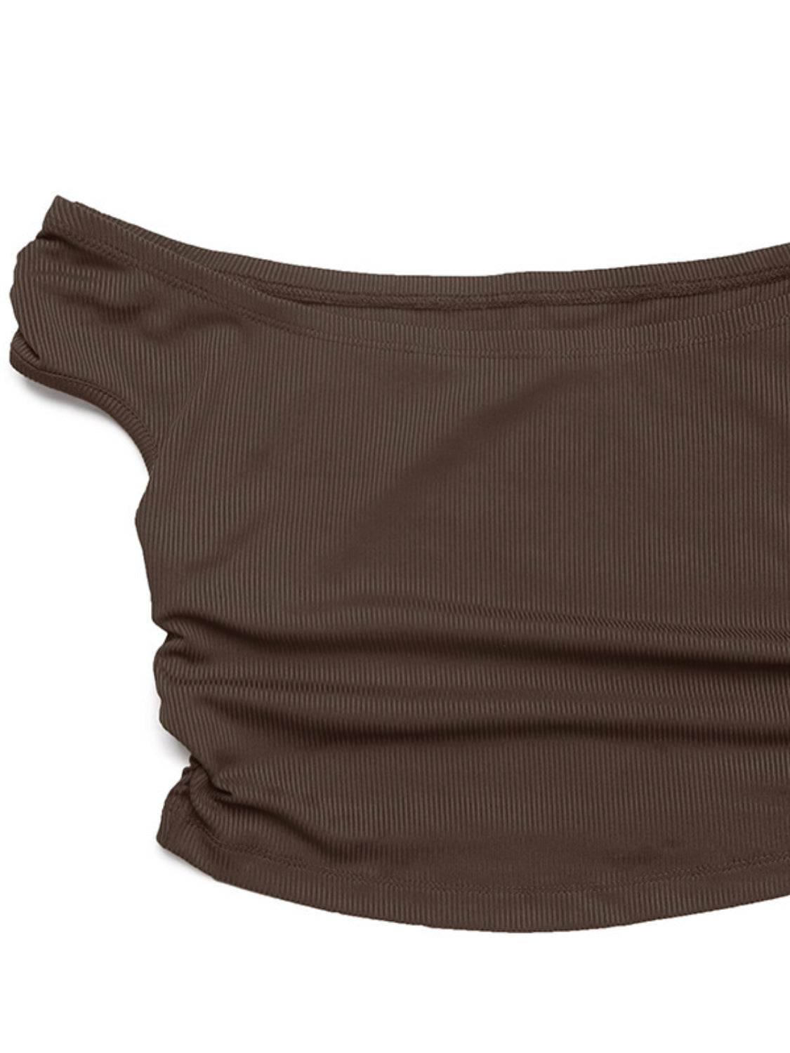 Chocolate ribbed off-shoulder top with ruched side detail