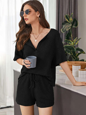 Black waffle knit henley short set with v-neck and drawstring shorts