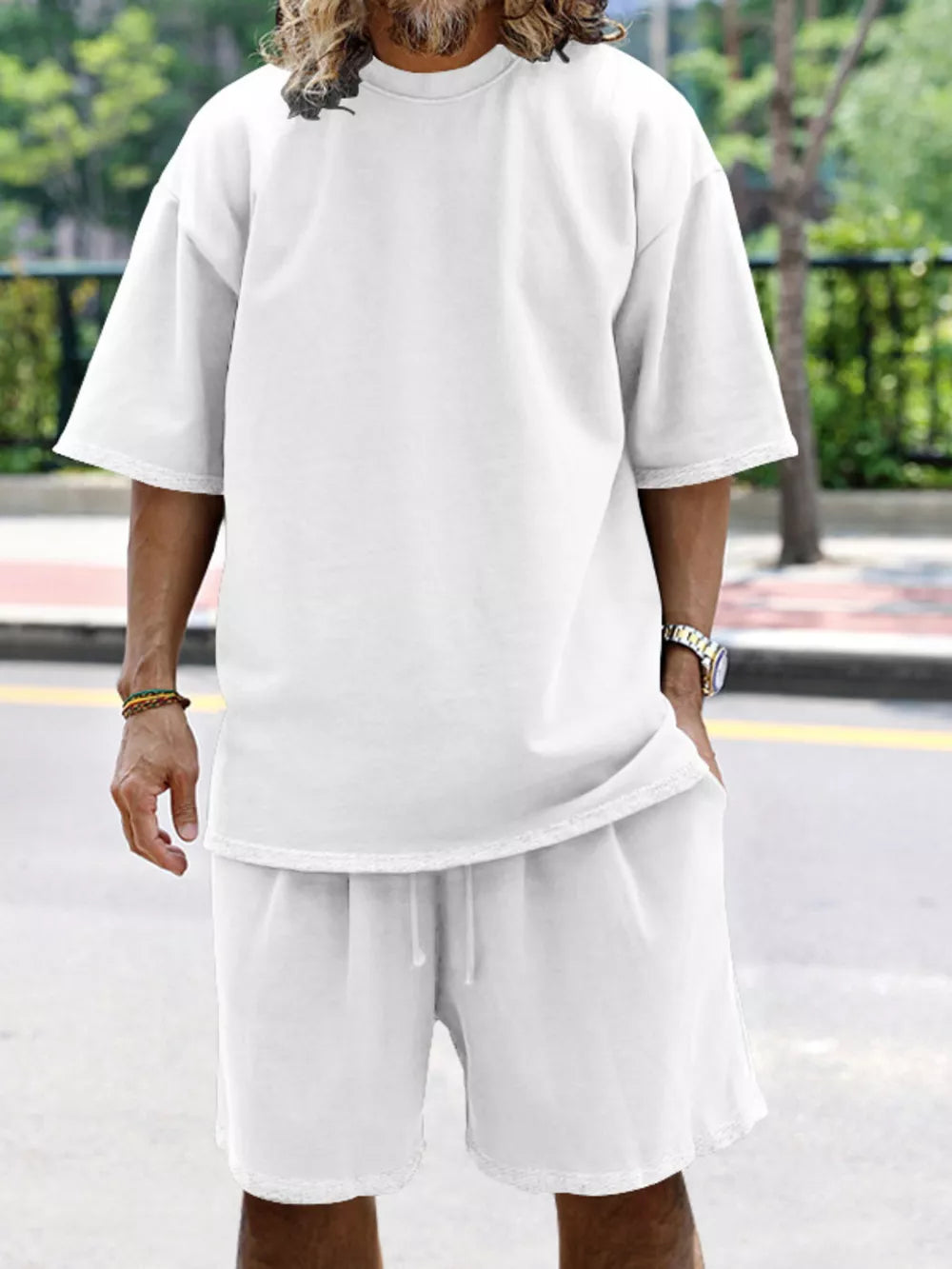 Men's white relaxed fit t-shirt and drawstring shorts set